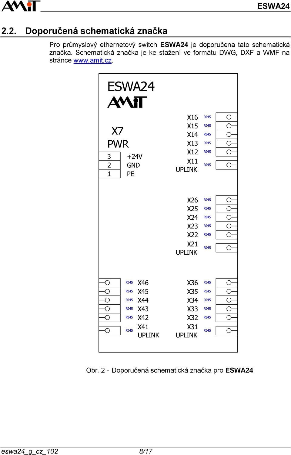 ESWA24 X7 PWR 3 2 1 +24V GND PE X16 X15 X14 X13 X12 X11 UPLINK X26 X25 X24 X23 X22 X21 UPLINK X46 X45 X44