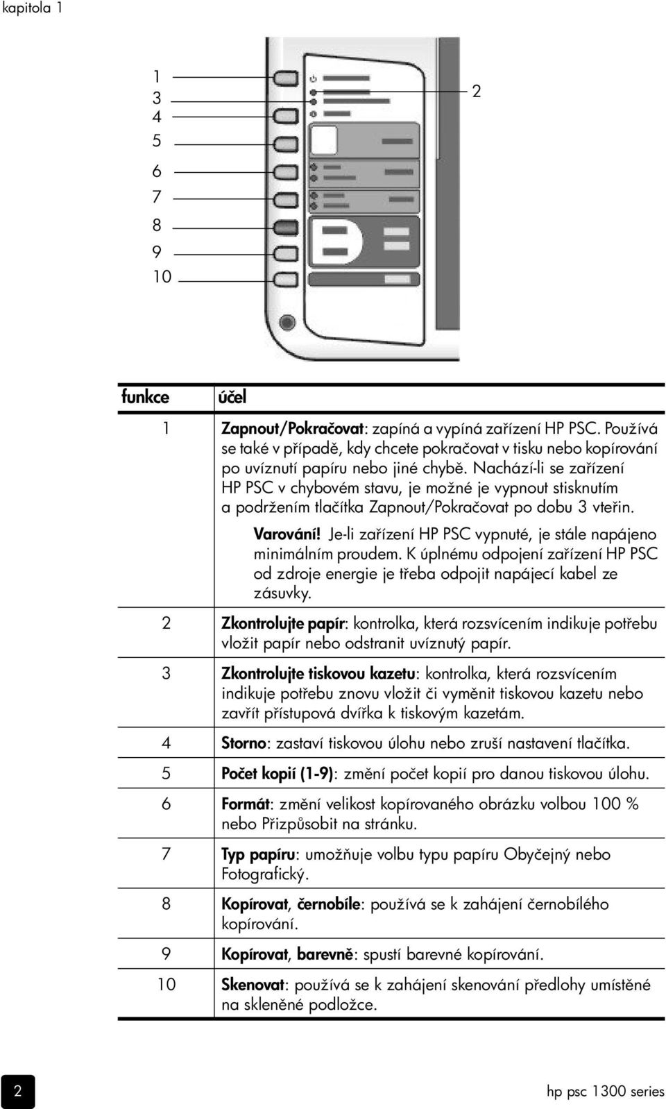 Nachází-li se za ízení HP PSC v chybovém stavu, je možné je vypnout stisknutím a podržením tlačítka Zapnout/Pokračovat po dobu 3 vte in. Varování!