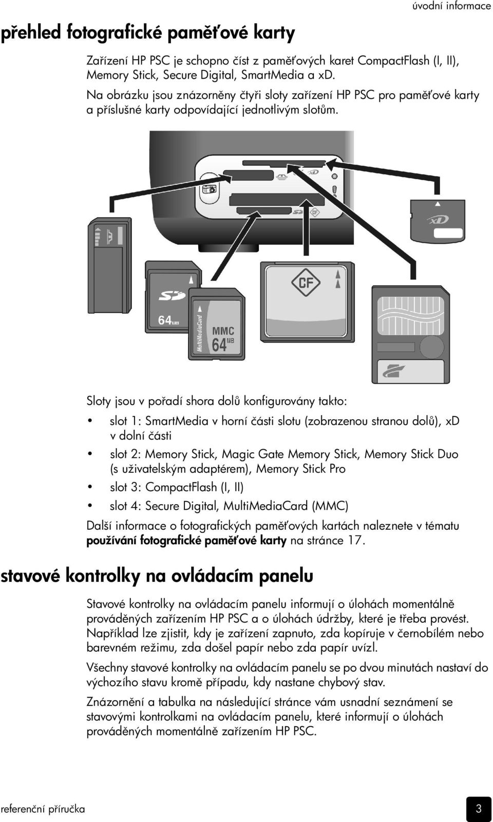 Sloty jsou v po adí shora dol konfigurovány takto: slot 1: SmartMedia v horní části slotu (zobrazenou stranou dol ), xd v dolní části slot 2: Memory Stick, Magic Gate Memory Stick, Memory Stick Duo