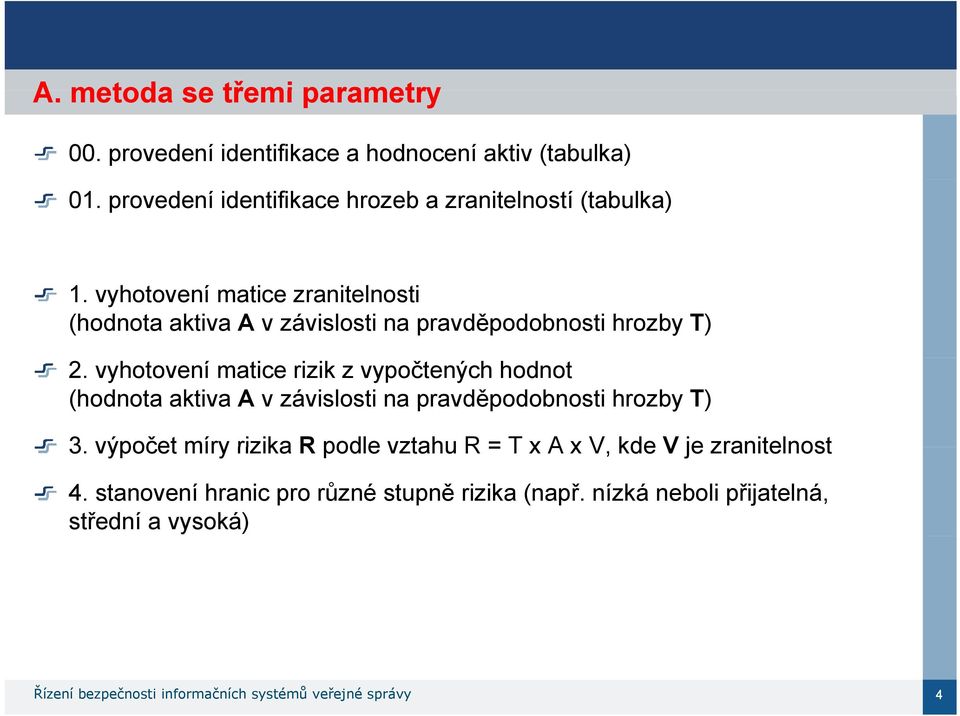 vyhotovení matice zranitelnosti (hodnota aktiva A v závislosti na pravděpodobnosti hrozby T) 2.