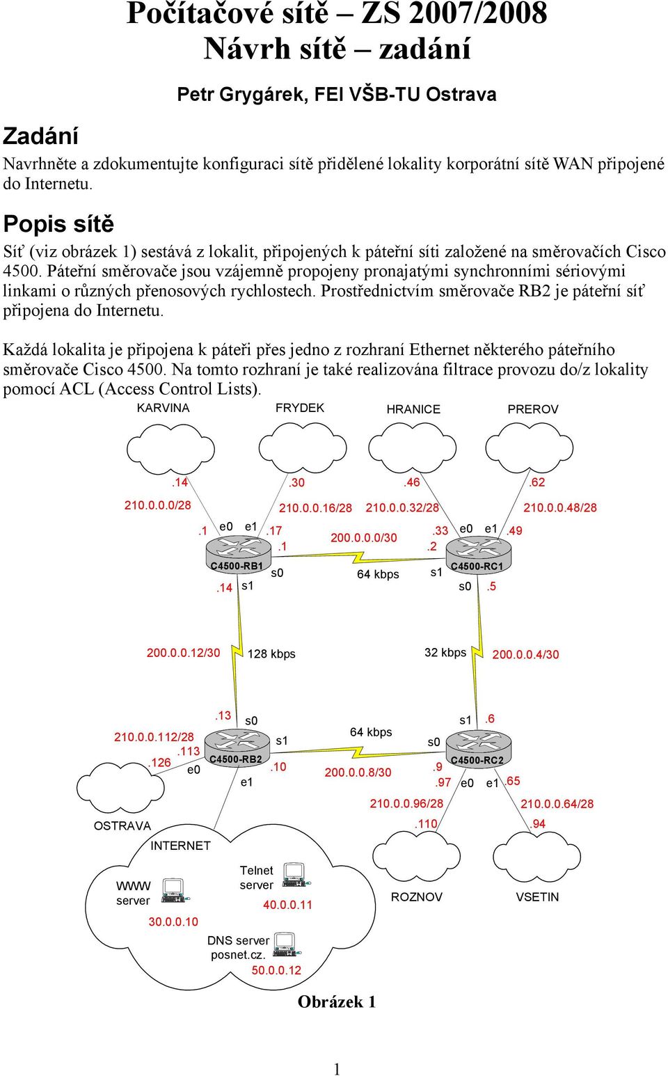 Páteřní směrovače jsou vzájemně propojeny pronajatými synchronními sériovými linkami o různých přenosových rychlostech. Prostřednictvím směrovače RB2 je páteřní síť připojena do Internetu.