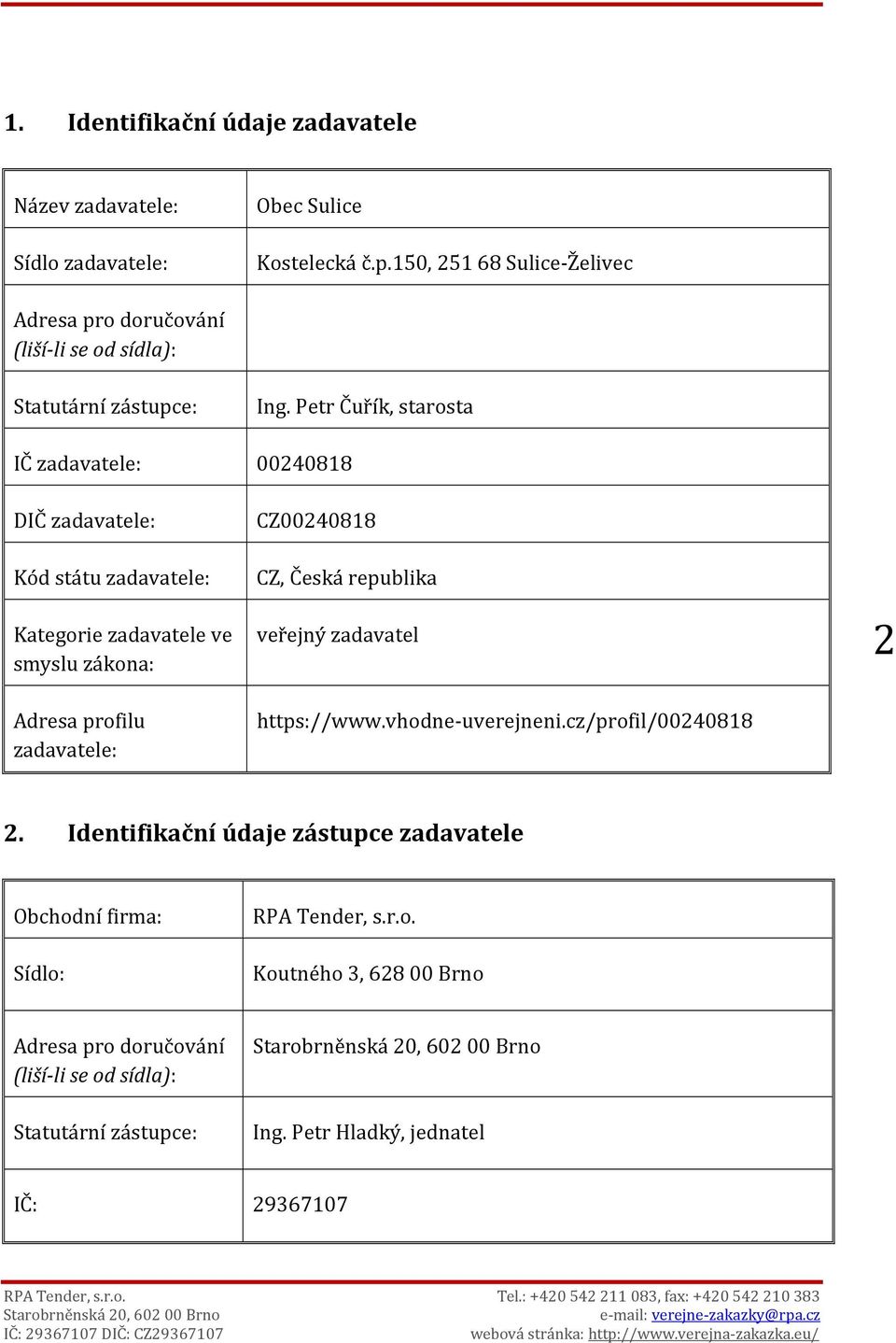 Petr Čuřík, starosta IČ zadavatele: 00240818 DIČ zadavatele: Kód státu zadavatele: Kategorie zadavatele ve smyslu zákona: Adresa profilu zadavatele: CZ00240818 CZ, Česká