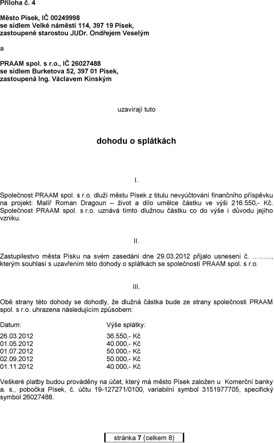 550,- Kč. Společnost PRAAM spol. s r.o. uznává tímto dlužnou částku co do výše i důvodu jejího vzniku. II. Zastupilestvo města Písku na svém zasedání dne 29.03.2012 přijalo usnesení č.