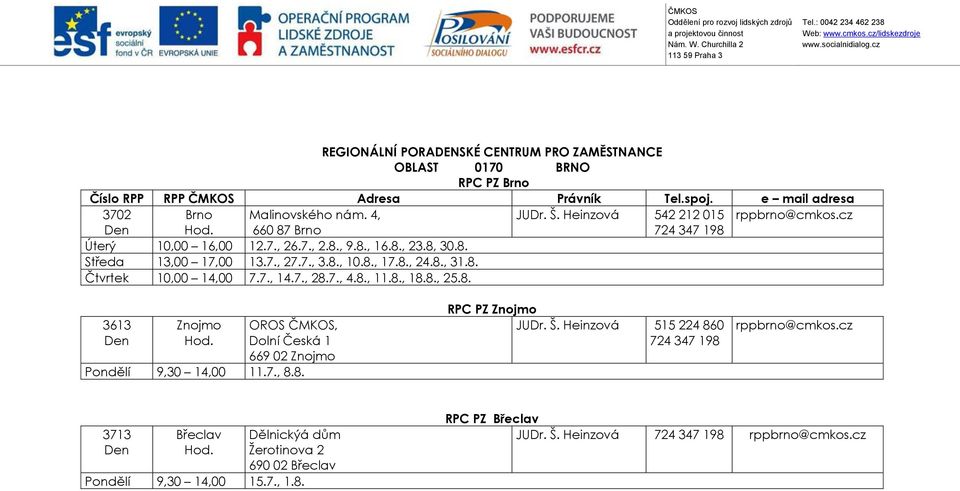 8., 25.8. 3613 Znojmo OROS ČMKOS, Dolní Česká 1 669 02 Znojmo Pondělí 9,30 14,00 11.7., 8.8. RPC PZ Znojmo JUDr. Š.