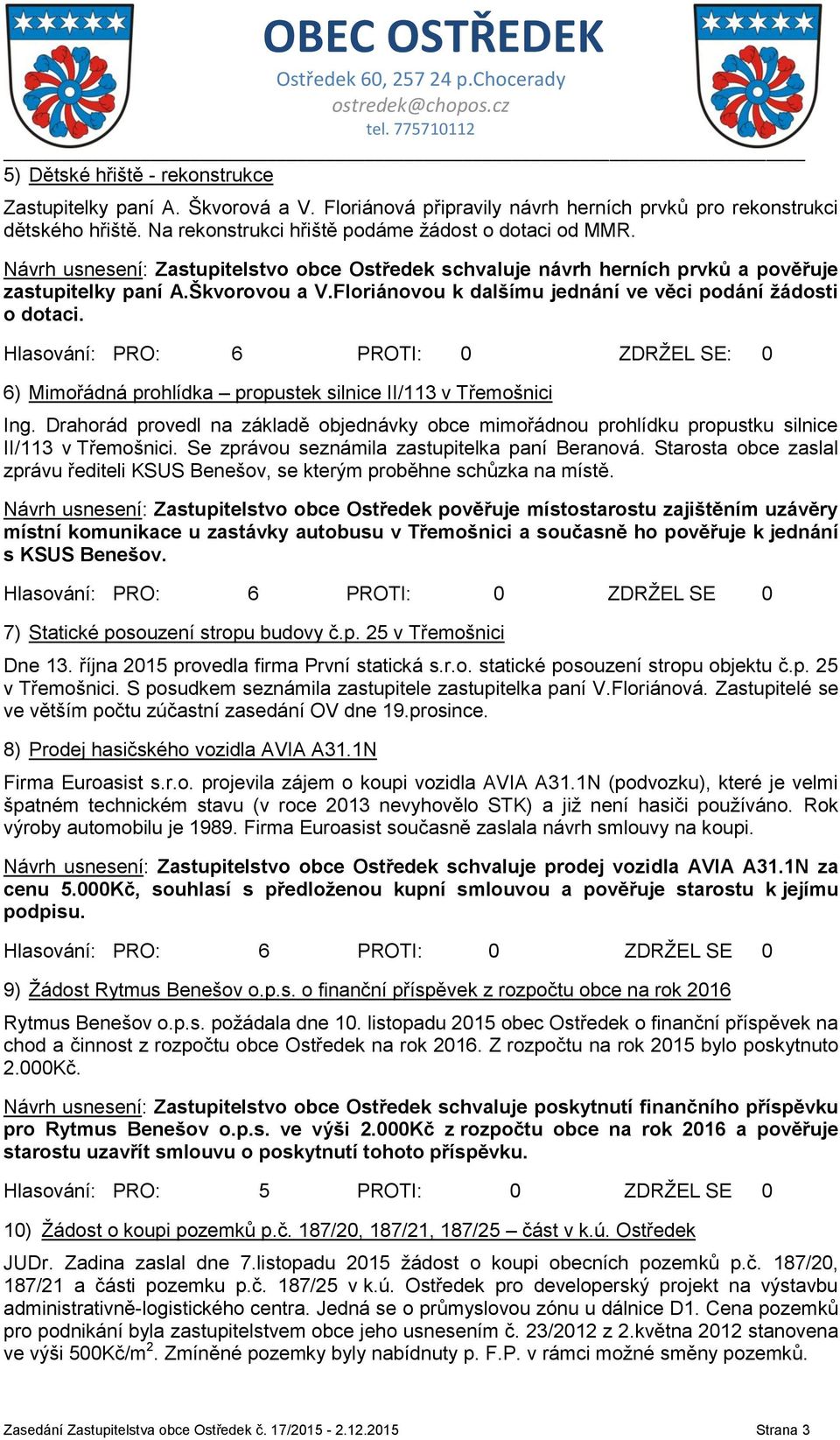 Hlasování: PRO: 6 PROTI: 0 ZDRŽEL SE: 0 6) Mimořádná prohlídka propustek silnice II/113 v Třemošnici Ing.