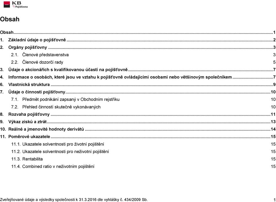 7.1. Předmět podnikání zapsaný v Obchodním rejstříku 10 7.2. Přehled činností skutečně vykonávaných 10 8. Rozvaha pojišťovny... 11 9. Výkaz zisků a ztrát... 13 10. Reálné a jmenovité hodnoty derivátů.