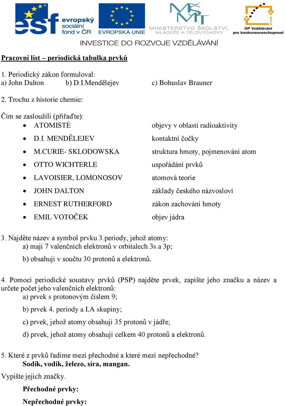 CURIE- SKLODOWSKA struktura hmoty, pojmenování atom OTTO WICHTERLE uspořádání prvků LAVOISIER, LOMONOSOV atomová teorie JOHN DALTON základy českého názvosloví ERNEST RUTHERFORD zákon zachování hmoty