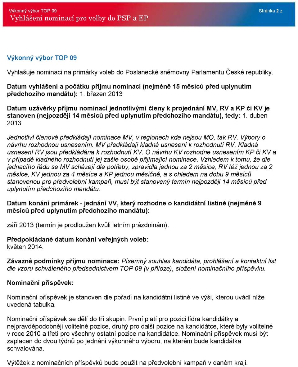 březen 2013 Datum uzávěrky příjmu nominací jednotlivými členy k projednání MV, RV a KP či KV je stanoven (nejpozději 14 měsíců před uplynutím předchozího mandátu), tedy: 1.