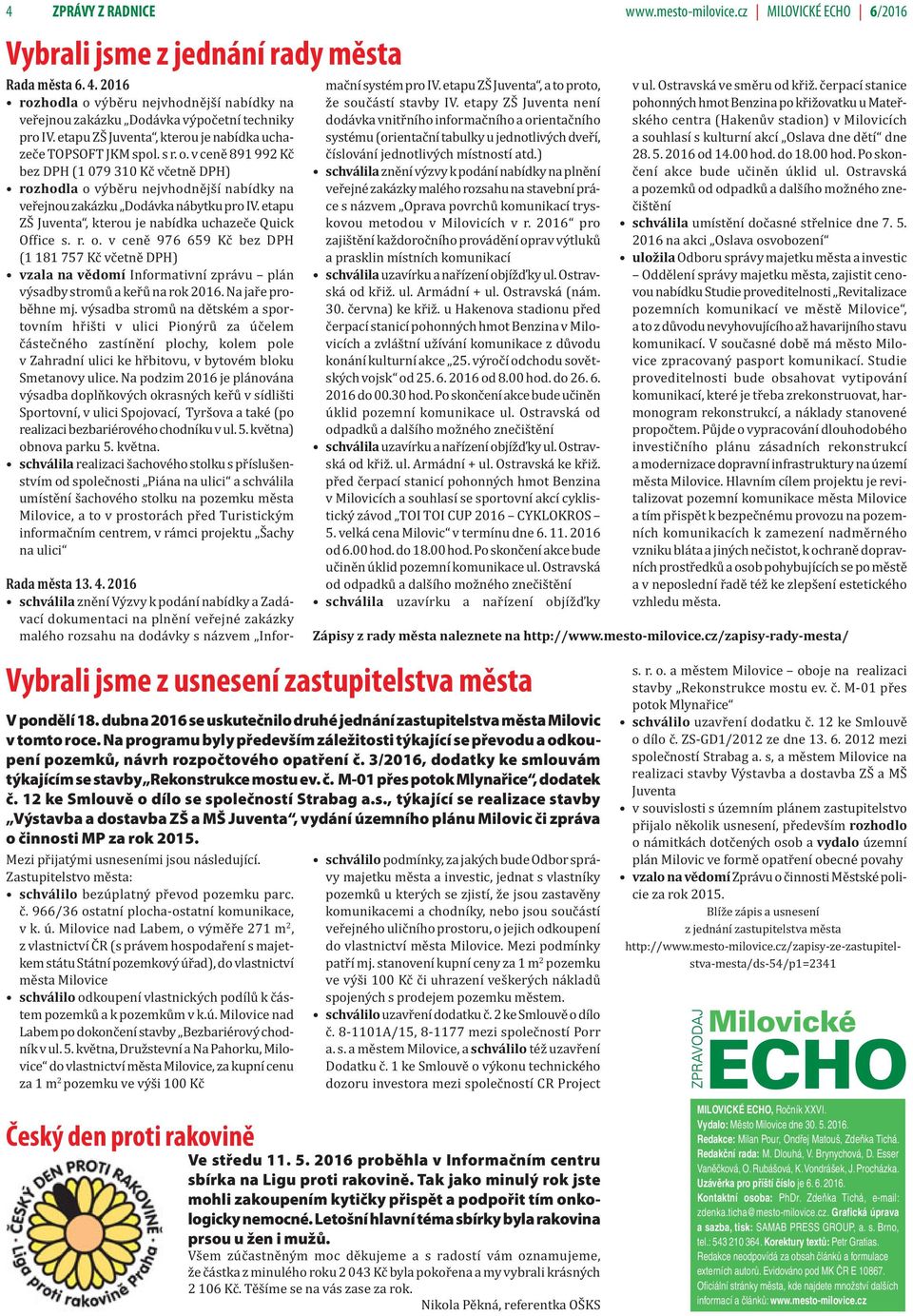 etapu ZŠ Juventa, kterou je nabídka uchazeče Quick Office s. r. o. v ceně 976 659 Kč bez DPH (1 181 757 Kč včetně DPH) vzala na vědomí Informativní zprávu plán výsadby stromů a keřů na rok 2016.