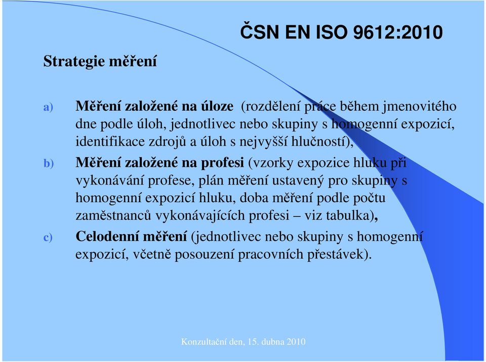 hluku při vykonávání profese, plán měření ustavený pro skupiny s homogenní expozicí hluku, doba měření podle počtu zaměstnanců