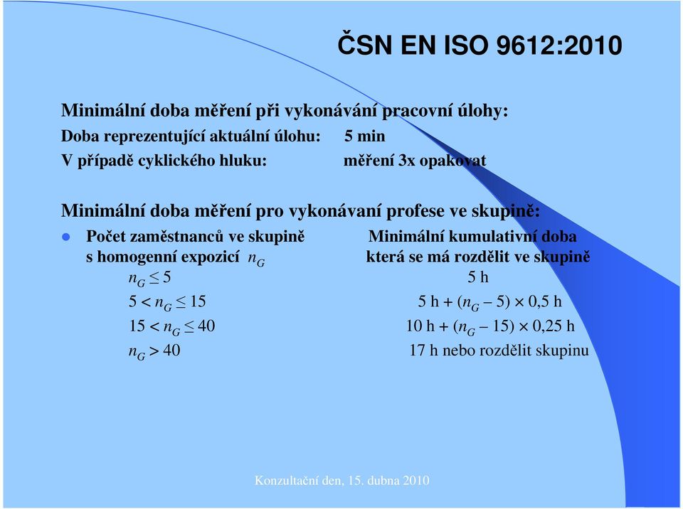 Počet zaměstnanců ve skupině Minimální kumulativní doba s homogenní expozicí n G která se má rozdělit ve