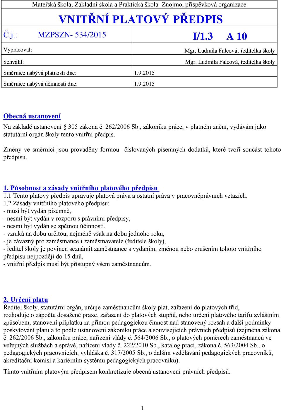 , zákoníku práce, v platném znění, vydávám jako statutární orgán školy tento vnitřní předpis.