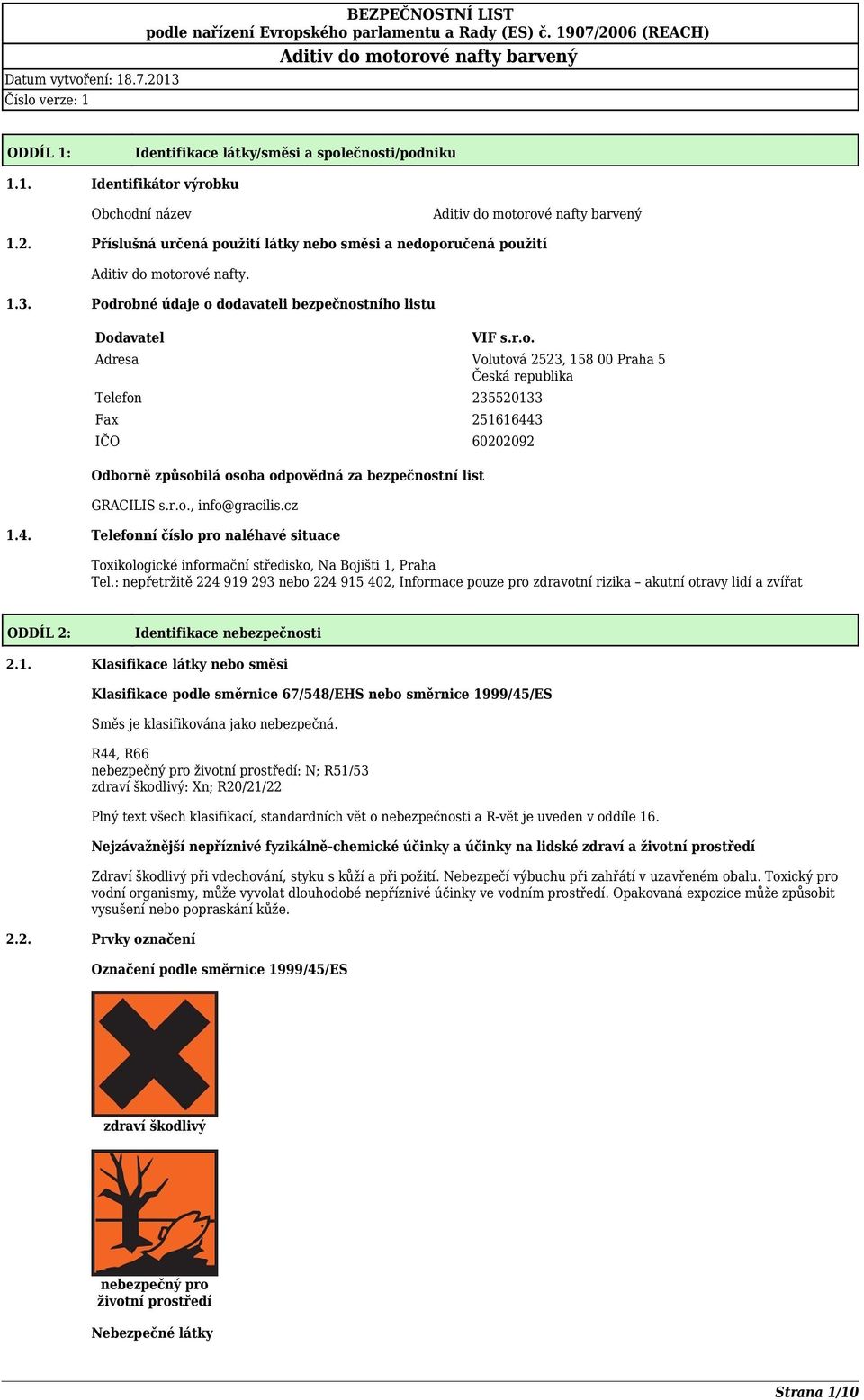 r.o., info@gracilis.cz 1.4. Telefonní číslo pro naléhavé situace Toxikologické informační středisko, Na Bojišti 1, Praha Tel.