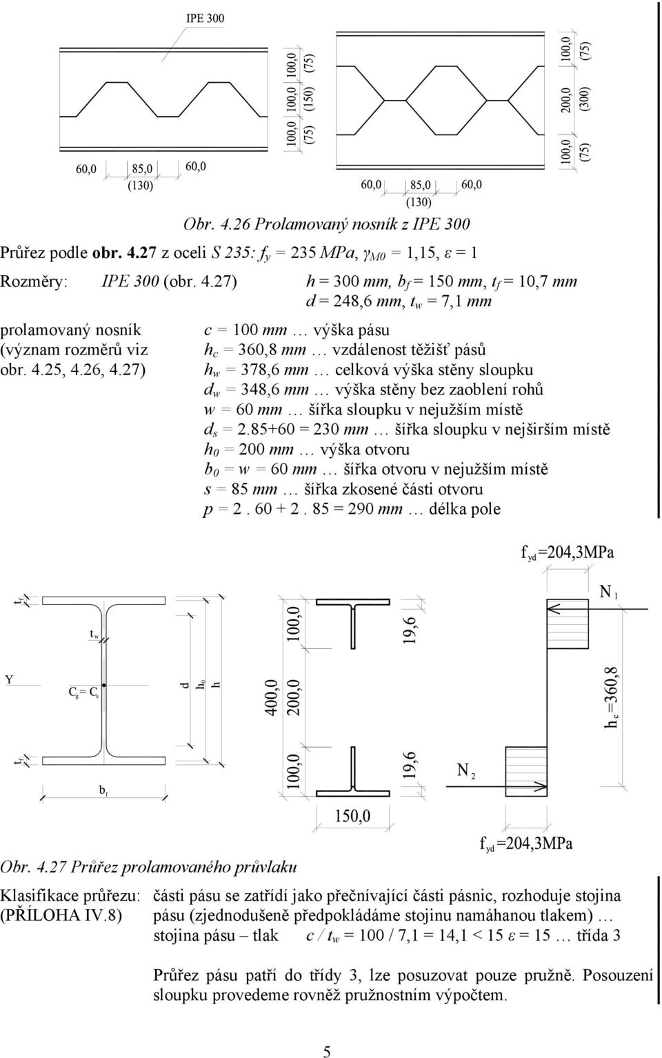 27) = 100 mm výška ásu = 360,8 mm vzdálenost těžišť ásů w = 378,6 mm elková výška stěny slouku d w = 348,6 mm výška stěny bez zaoblení roů w = 60 mm šířka slouku v nejužším místě d s = 2.