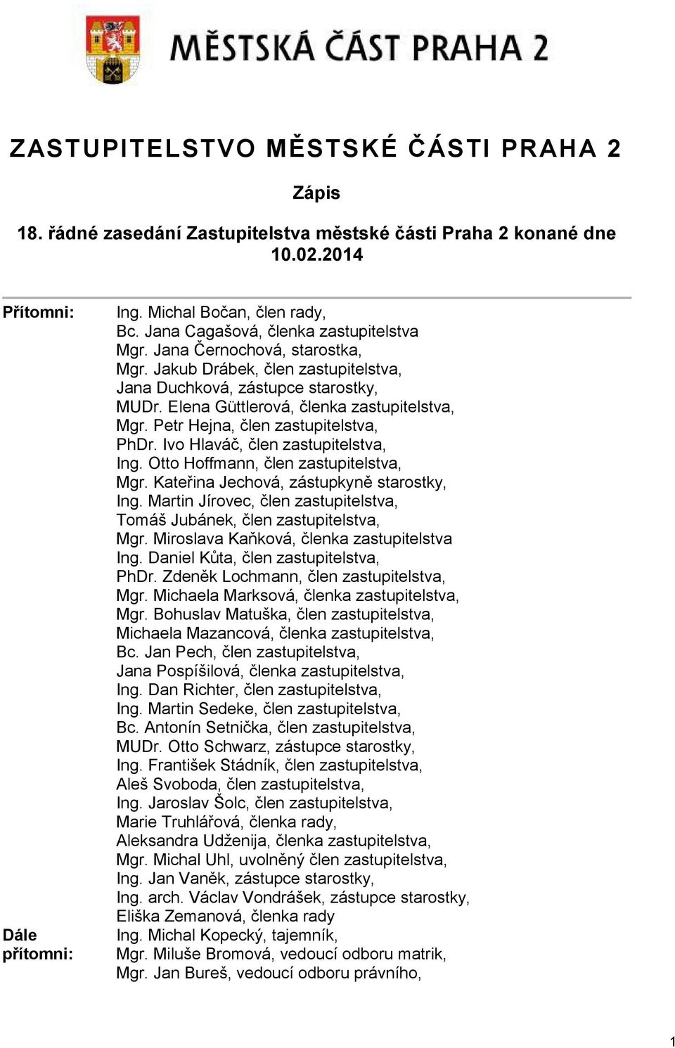 Petr Hejna, člen zastupitelstva, PhDr. Ivo Hlaváč, člen zastupitelstva, Ing. Otto Hoffmann, člen zastupitelstva, Mgr. Kateřina Jechová, zástupkyně starostky, Ing.