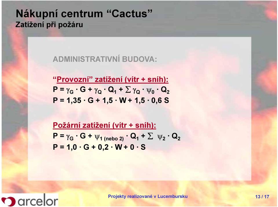 0,6 S Požární zatížení (vítr + sníh): P = γ G G + ψ 1 (nebo 2) Q 1 + ψ