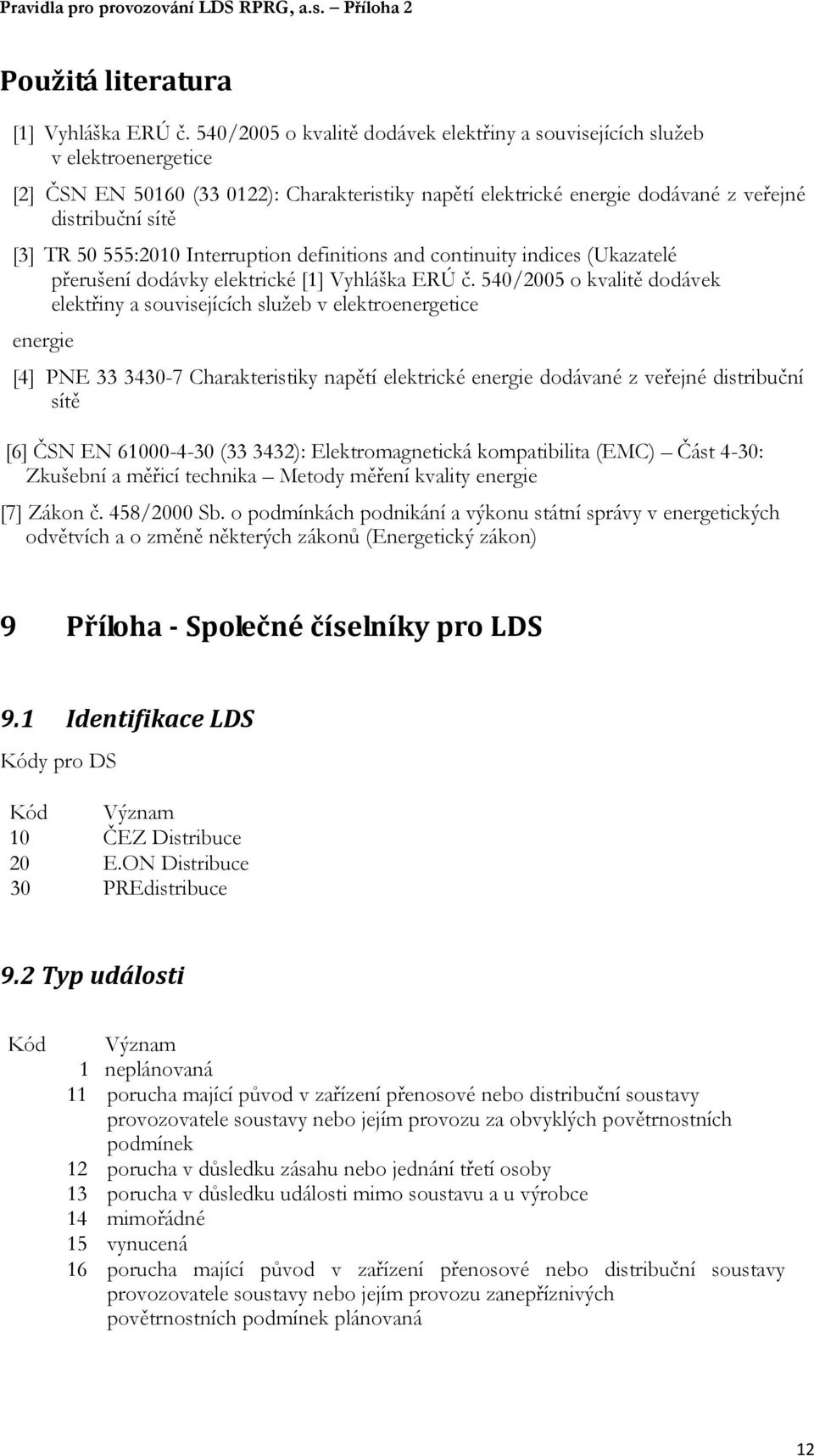 555:2010 Interruption definitions and continuity indices (Ukazatelé přerušení dodávky elektrické [1] Vyhláška ERÚ č.