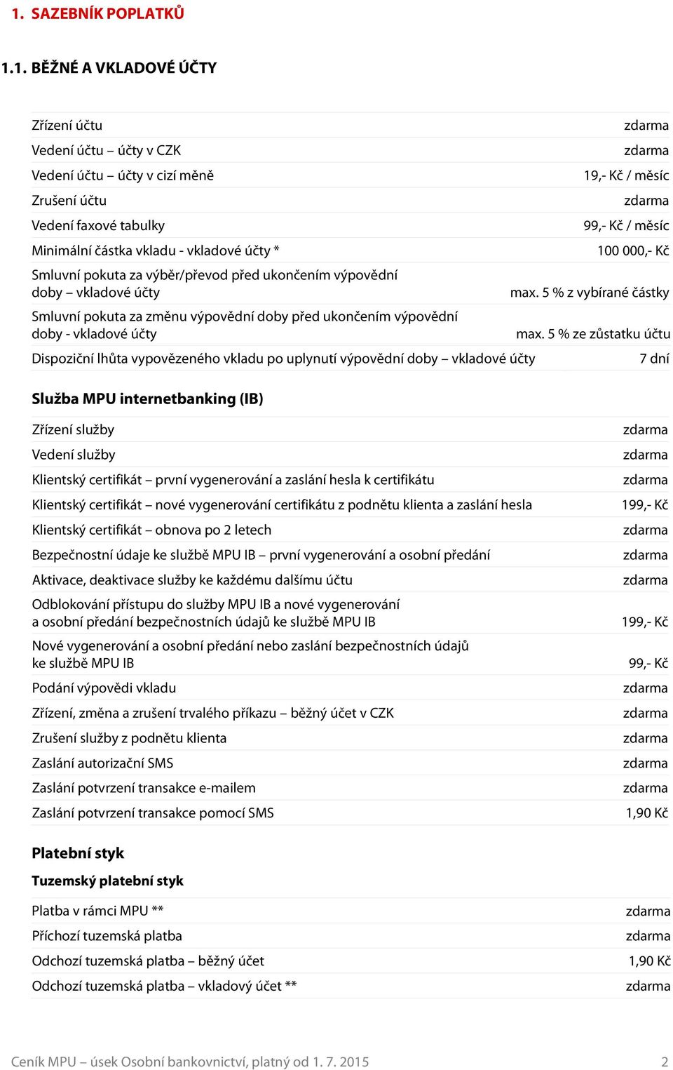 uplynutí výpovědní doby vkladové účty Služba MPU internetbanking (IB) 19,- Kč / měsíc 99,- Kč / měsíc 100 000,- Kč max. 5 % z vybírané částky max.