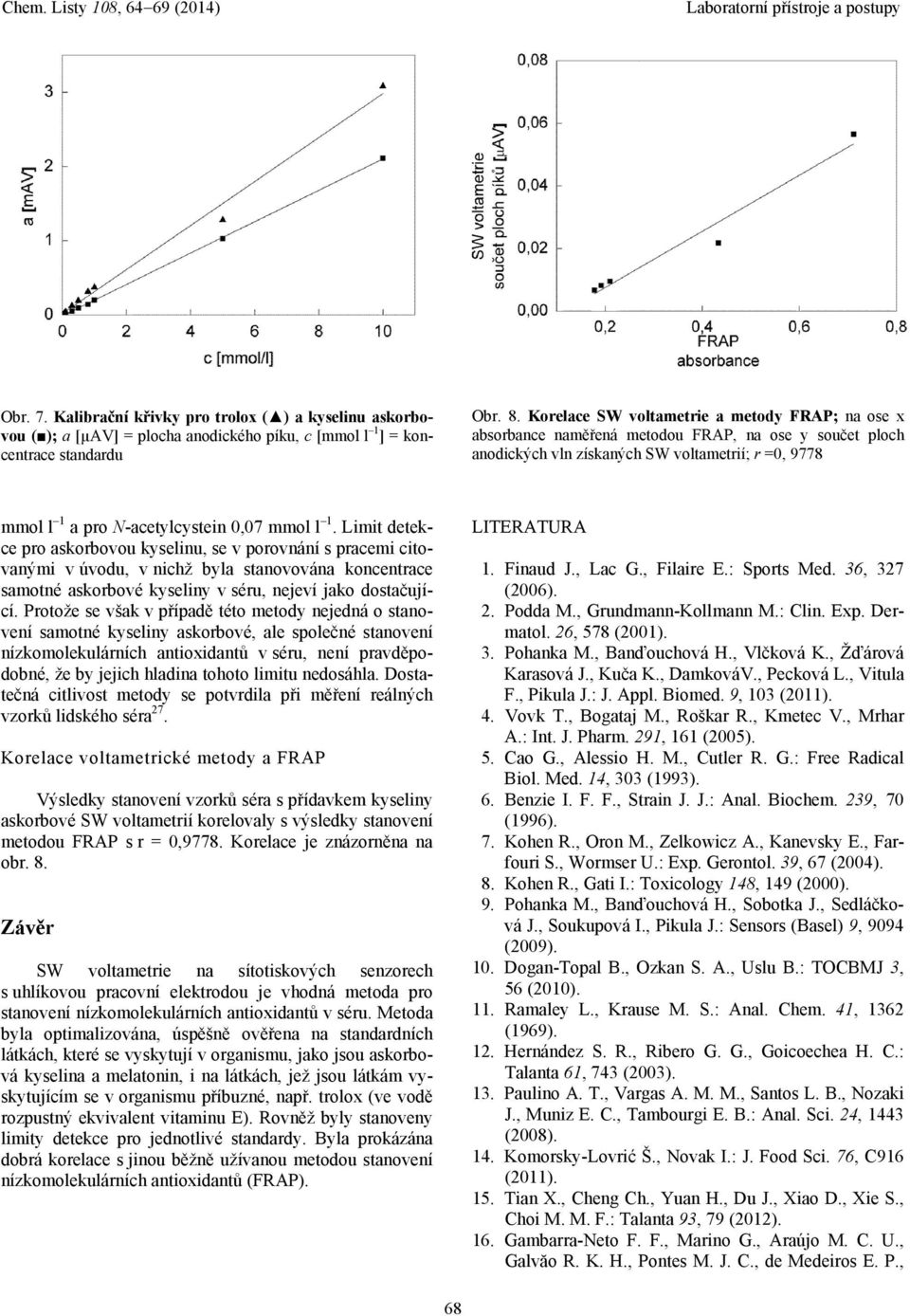 1. Limit detekce pro askorbovou kyselinu, se v porovnání s pracemi citovanými v úvodu, v nichž byla stanovována koncentrace samotné askorbové kyseliny v séru, nejeví jako dostačující.