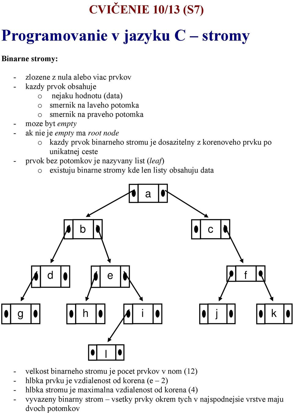 bez potomkov je nazyvany list (leaf) o existuju binarne stromy kde len listy obsahuju data a b c d e f g h i j k l - velkost binarneho stromu je pocet prvkov v nom (12) - hlbka