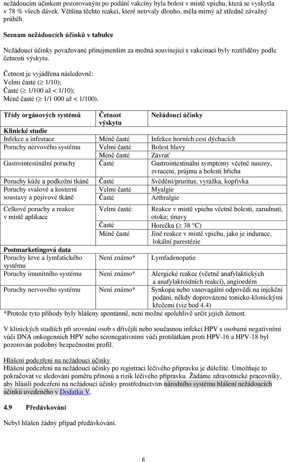 Četnost je vyjádřena následovně: Velmi časté ( 1/10); Časté ( 1/100 až < 1/10); Méně časté ( 1/1 000 až < 1/100).