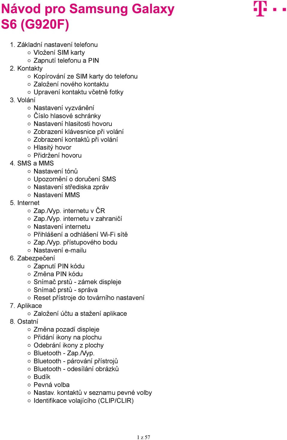 SMS a MMS Nastavení tónů Upozornění o doručení SMS Nastavení střediska zpráv Nastavení MMS 5. Internet Zap./Vyp. internetu v ČR Zap./Vyp. internetu v zahraničí Nastavení internetu Přihlášení a odhlášení Wi-Fi sítě Zap.