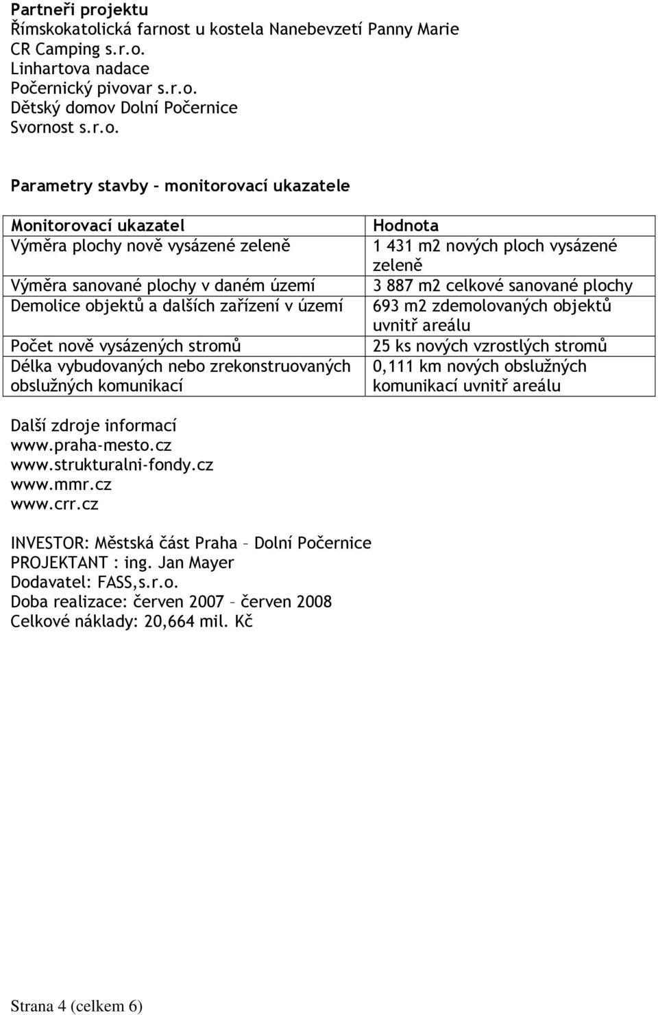 atolická farnost u kostela Nanebevzetí Panny Marie CR Camping s.r.o. Linhartova nadace Počernický pivovar s.r.o. Dětský domov Dolní Počernice Svornost s.r.o. Parametry stavby monitorovací ukazatele