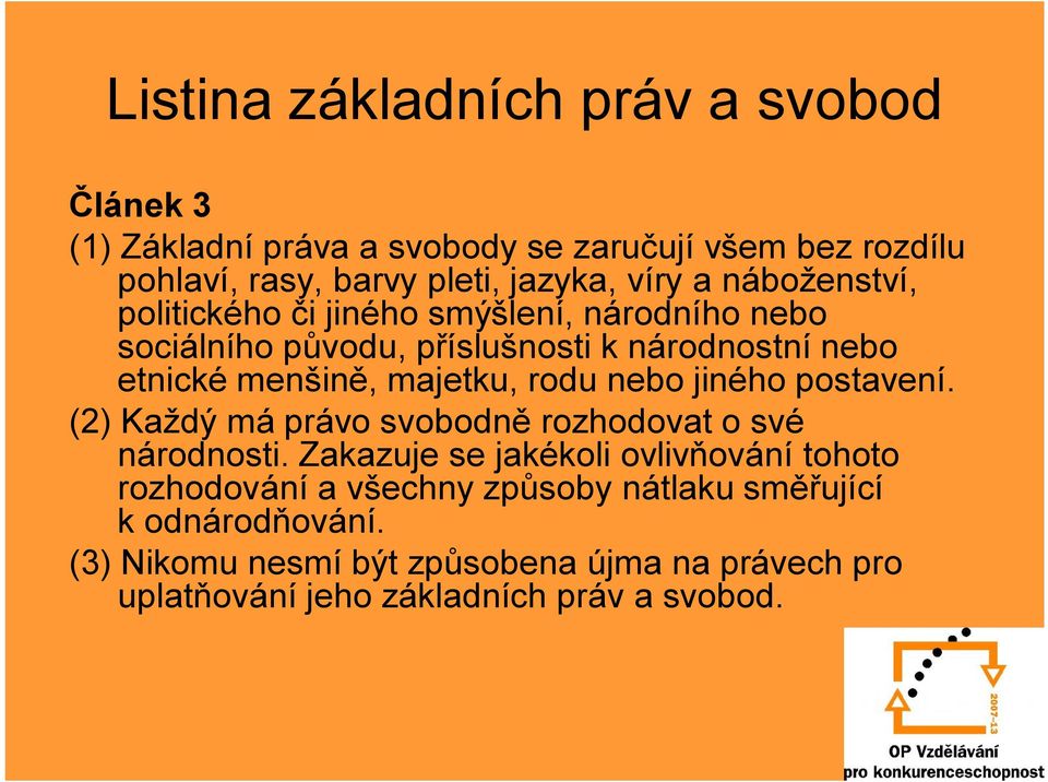 nebo jiného postavení. (2) Každý má právo svobodně rozhodovat o své národnosti.