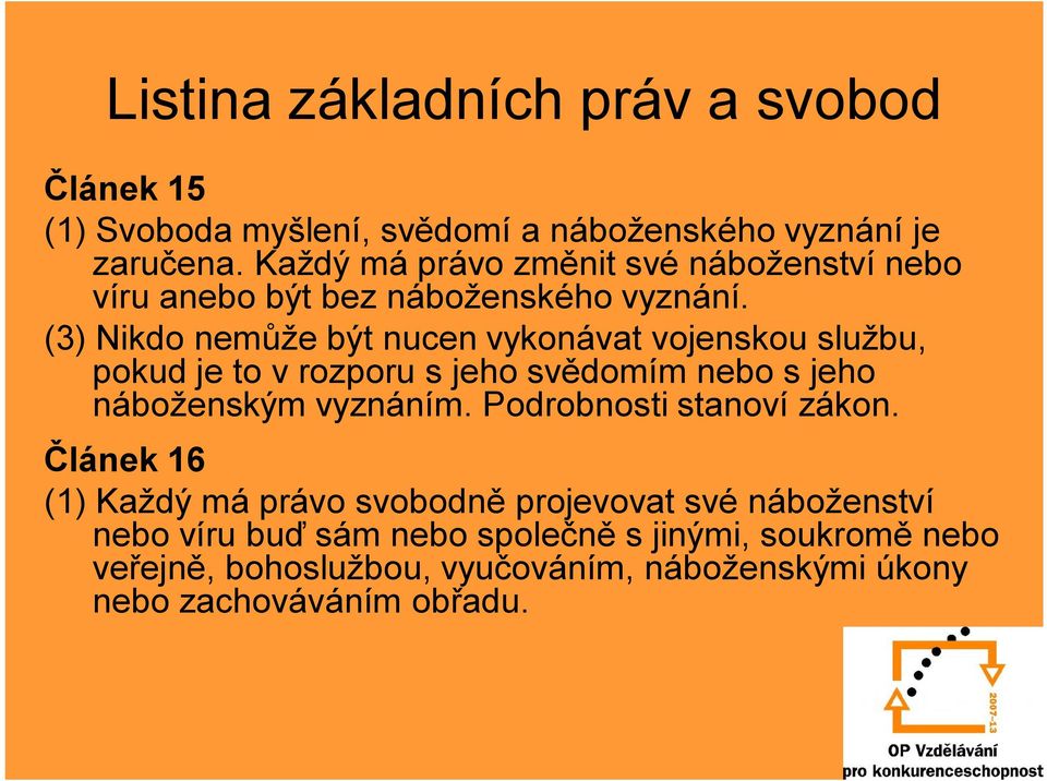 (3) Nikdo nemůže být nucen vykonávat vojenskou službu, pokud je to v rozporu s jeho svědomím nebo s jeho náboženským vyznáním.