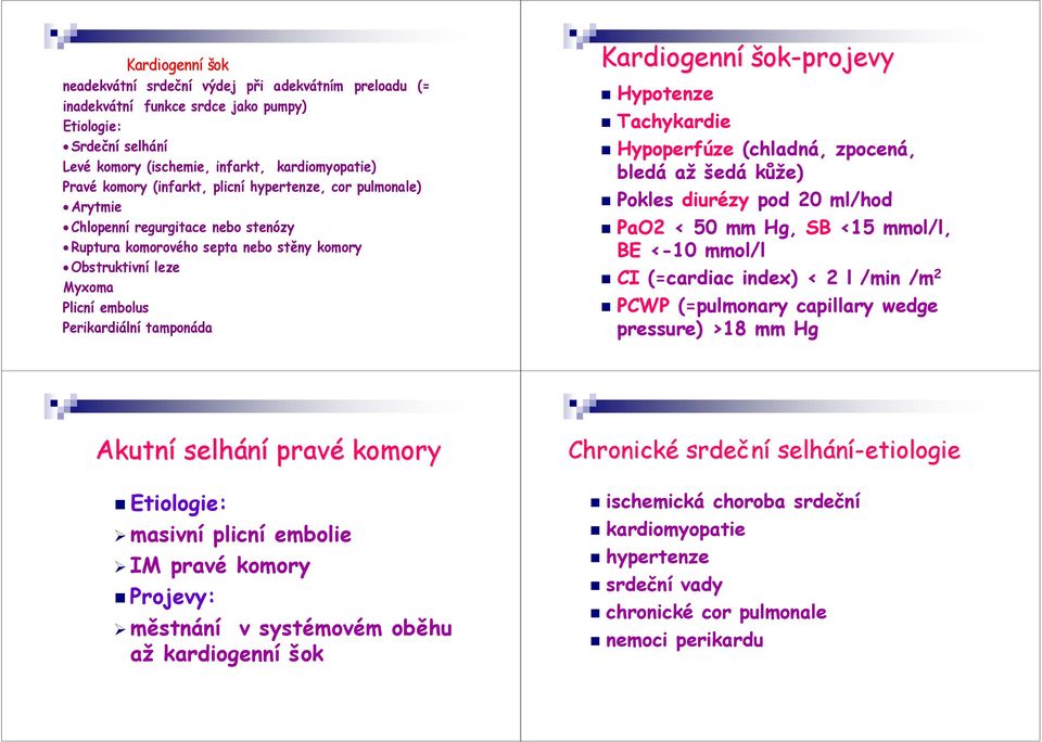 Kardiogenní šok-projevy Hypotenze Tachykardie Hypoperfúze (chladná, zpocená, bledá až šedá kůže) Pokles diurézy pod 20 ml/hod PaO2 < 50 mm Hg, SB <15 mmol/l, BE <-10 mmol/l CI (=cardiac index) < 2 l