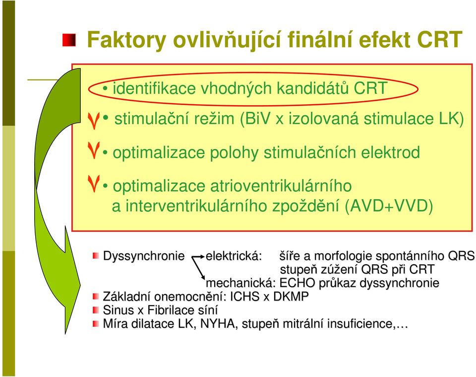 Dyssynchronie elektrická: šíře e a morfologie spontánn nního QRS stupeň zúžení QRS při p i CRT mechanická: : ECHO průkaz