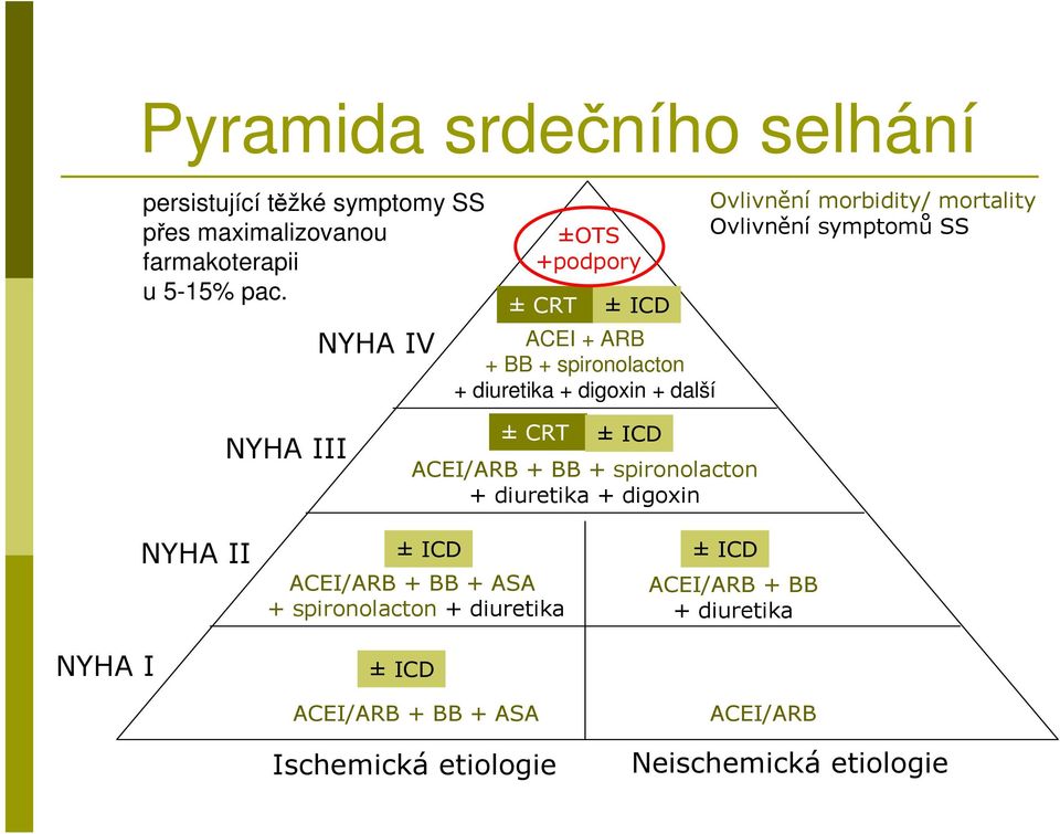 Ovlivnění symptomů SS NYHA III ± CRT ± ICD ACEI/ARB + BB + spironolacton + diuretika + digoxin NYHA I NYHA II ± ICD ± ICD