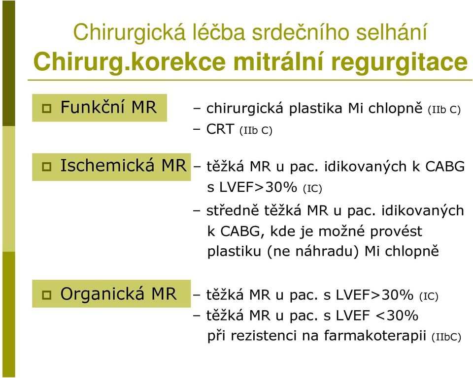 MR těžká MR u pac. idikovaných k CABG s LVEF>30% (IC) středně těžká MR u pac.