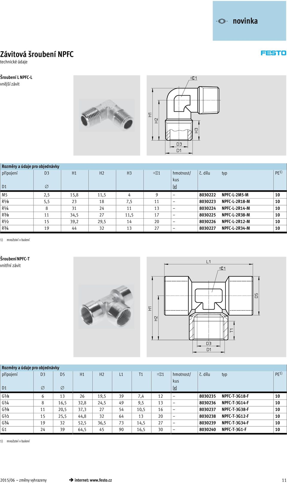 10 15 39,2 29,5 14 20 8030226 NPFC-L-2R12-M 10 R¾ 19 44 32 13 27 8030227 NPFC-L-2R34-M 10 Šroubení NPFC-T vnitřní závit připojení D3 D5 H1 H2 L1 T1 ß1 hmotnost/ č.