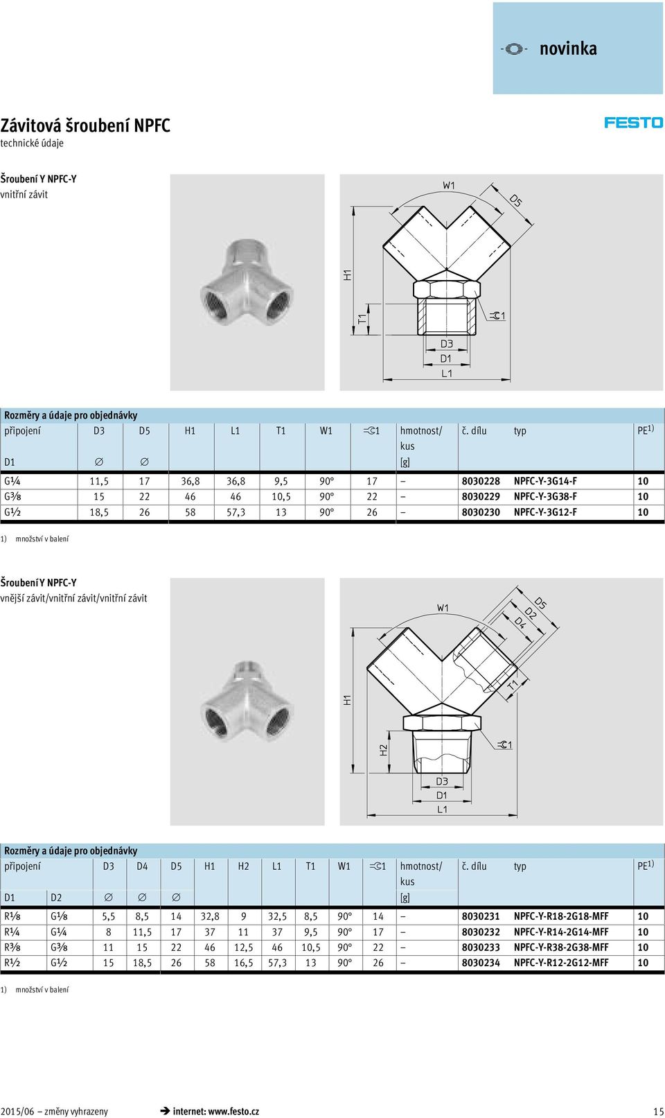 Šroubení Y NPFC-Y vnější závit/vnitřní závit/vnitřní závit připojení D3 D4 D5 H1 H2 L1 T1 W1 ß1 hmotnost/ č.