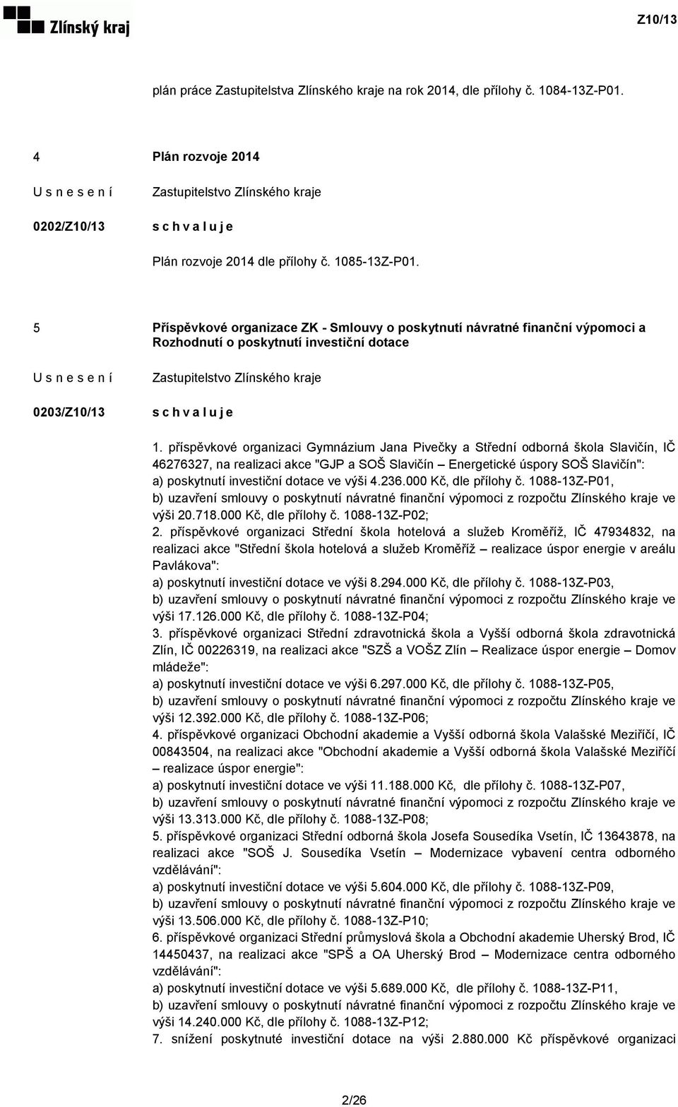příspěvkové organizaci Gymnázium Jana Pivečky a Střední odborná škola Slavičín, IČ 46276327, na realizaci akce "GJP a SOŠ Slavičín Energetické úspory SOŠ Slavičín": a) poskytnutí investiční dotace ve