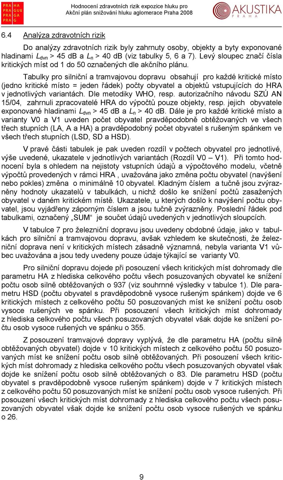 Tabulky pro silniční a tramvajovou dopravu obsahují pro každé kritické místo (jedno kritické místo = jeden řádek) počty a vstupujících do HRA v jednotlivých variantách. Dle metodiky WHO, resp.