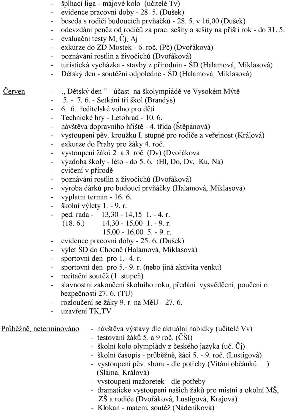 (Pč) (Dvořáková) - poznávání rostlin a živočichů (Dvořáková) - turistická vycházka - stavby z přírodnin - ŠD (Halamová, Miklasová) - Dětský den - soutěžní odpoledne - ŠD (Halamová, Miklasová) Červen