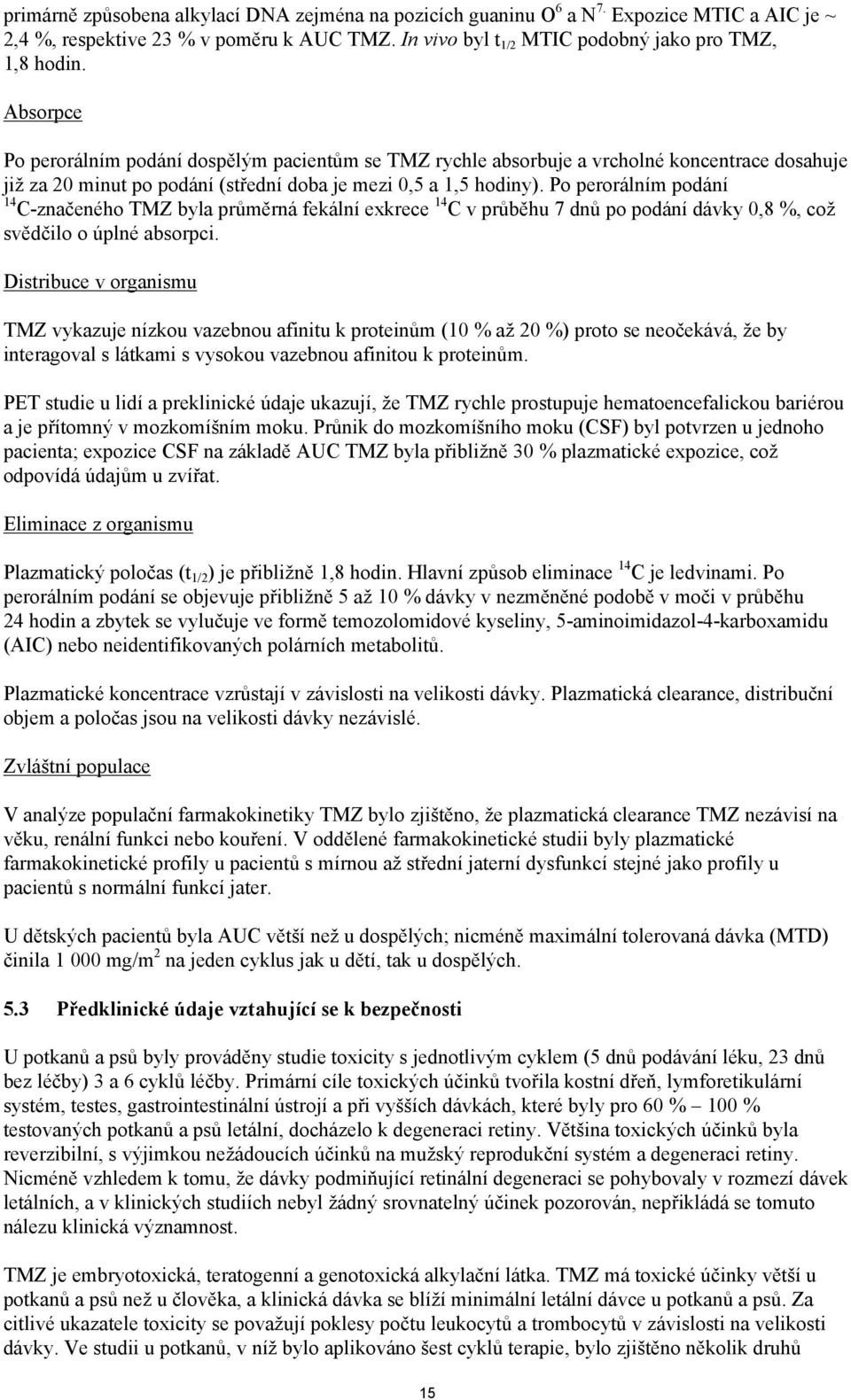 Po perorálním podání 14 C-značeného TMZ byla průměrná fekální exkrece 14 C v průběhu 7 dnů po podání dávky 0,8 %, což svědčilo o úplné absorpci.