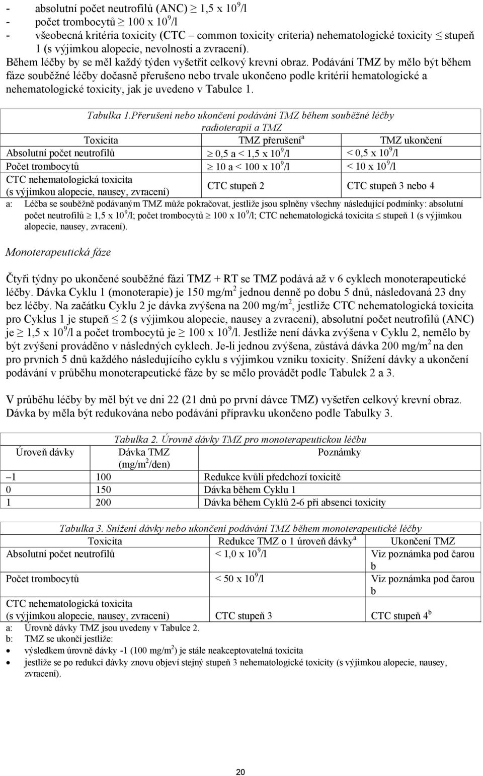Podávání TMZ by mělo být během fáze souběžné léčby dočasně přerušeno nebo trvale ukončeno podle kritérií hematologické a nehematologické toxicity, jak je uvedeno v Tabulce 1. Tabulka 1.