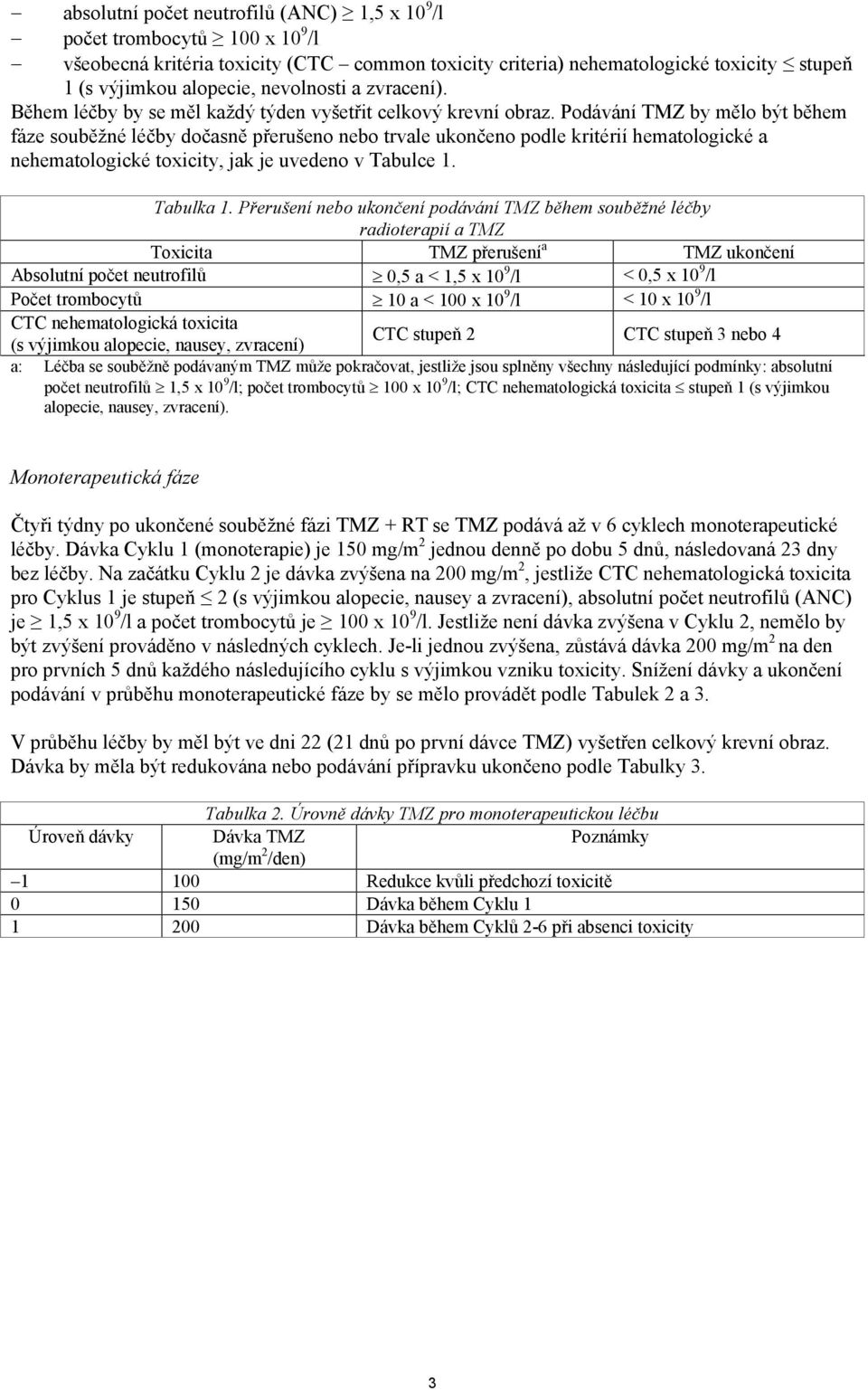 Podávání TMZ by mělo být během fáze souběžné léčby dočasně přerušeno nebo trvale ukončeno podle kritérií hematologické a nehematologické toxicity, jak je uvedeno v Tabulce 1. Tabulka 1.