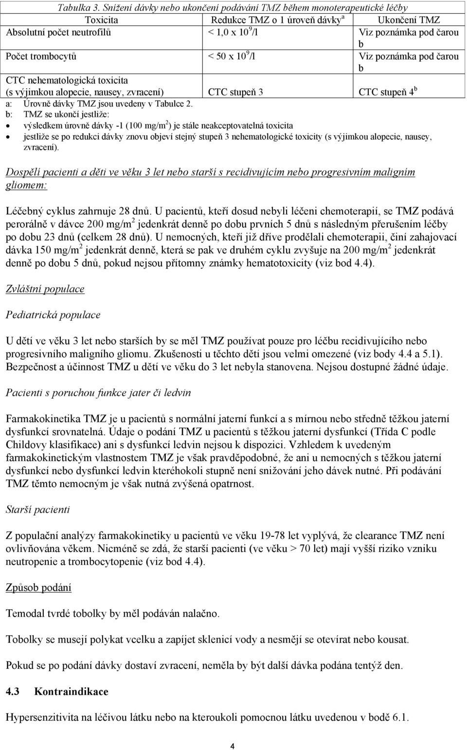 trombocytů < 50 x 10 9 /l Viz poznámka pod čarou b CTC nehematologická toxicita (s výjimkou alopecie, nausey, zvracení) CTC stupeň 3 CTC stupeň 4 b a: Úrovně dávky TMZ jsou uvedeny v Tabulce 2.