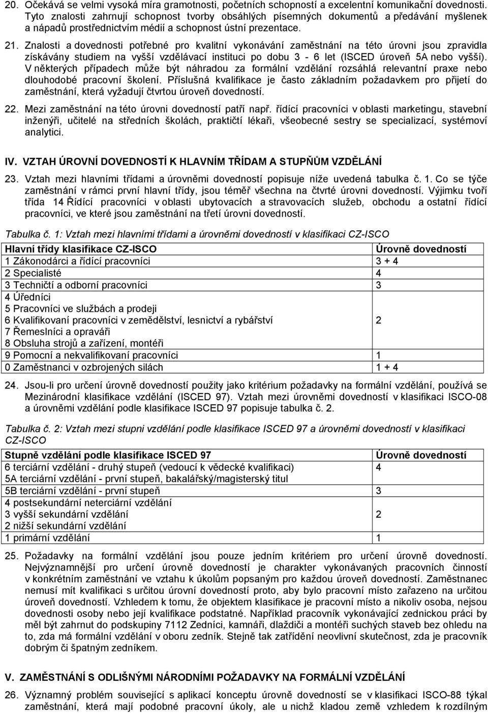Znalosti a dovednosti potřebné pro kvalitní vykonávání zaměstnání na této úrovni jsou zpravidla získávány studiem na vyšší vzdělávací instituci po dobu 3-6 let (ISCED úroveň 5A nebo vyšší).