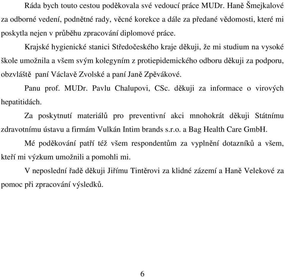 Krajské hygienické stanici Středočeského kraje děkuji, že mi studium na vysoké škole umožnila a všem svým kolegyním z protiepidemického odboru děkuji za podporu, obzvláště paní Václavě Zvolské a paní