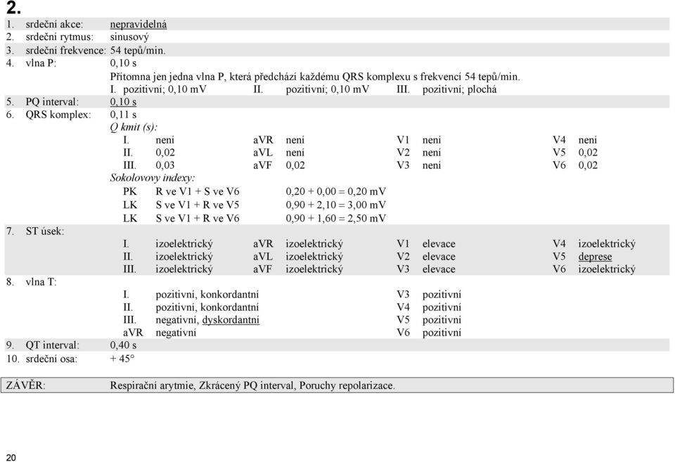QRS komplex: 0,11 s Q kmit (s): I. není avr není V1 není V4 není II. 0,02 avl není V2 není V5 0,02 III.