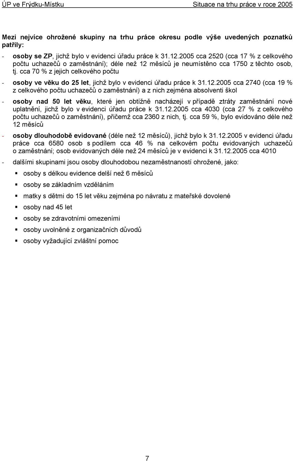 cca 70 % z jejich celkového počtu - osoby ve věku do 25 let, jichţ bylo v evidenci úřadu práce k 31.12.