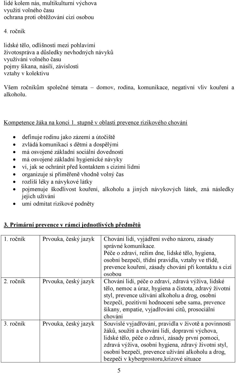 rodina, komunikace, negativní vliv kouření a alkoholu. Kompetence žáka na konci 1.