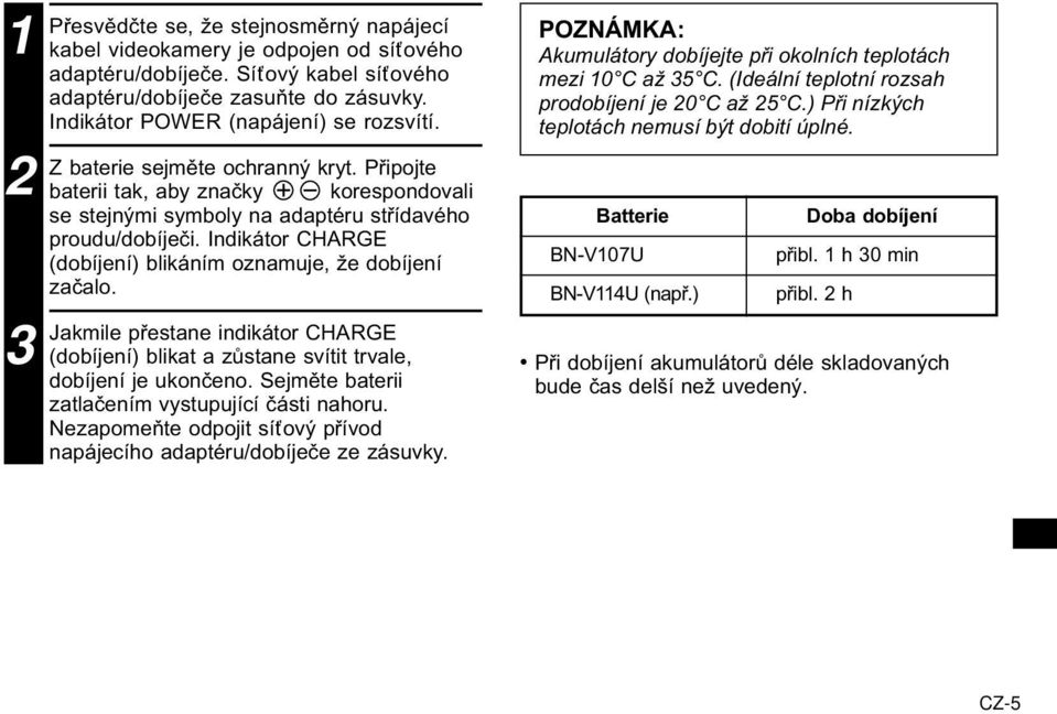 Indikátor CHARGE (dobíjení) blikáním oznamuje, že dobíjení začalo. 3 Jakmile přestane indikátor CHARGE (dobíjení) blikat a zůstane svítit trvale, dobíjení je ukončeno.