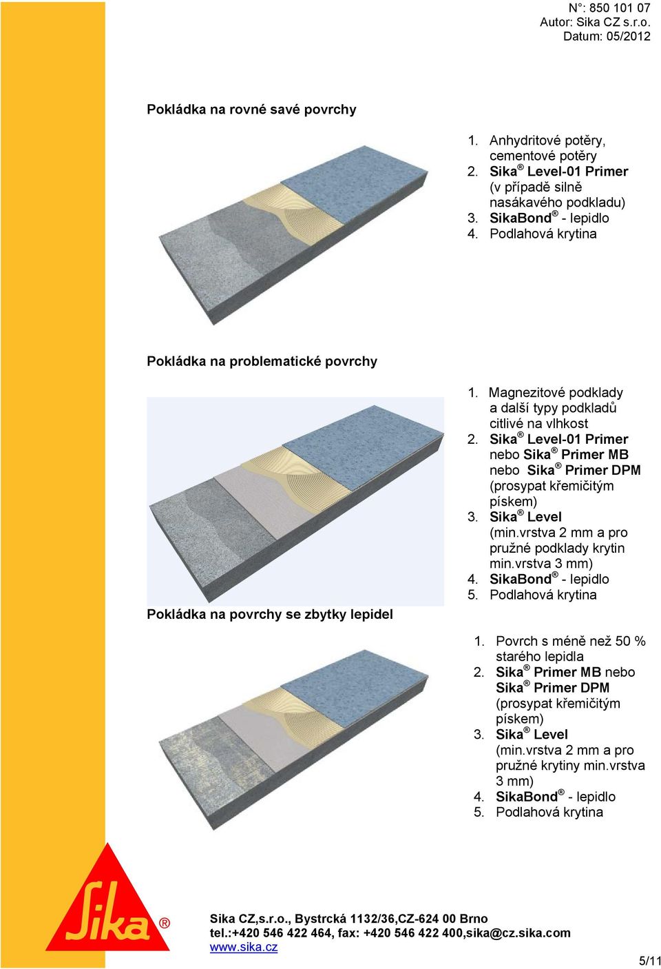 Sika Level-01 Primer nebo Sika Primer MB nebo Sika Primer DPM (prosypat křemičitým pískem) 3. Sika Level (min.vrstva 2 mm a pro pružné podklady krytin min.vrstva 3 mm) 4.