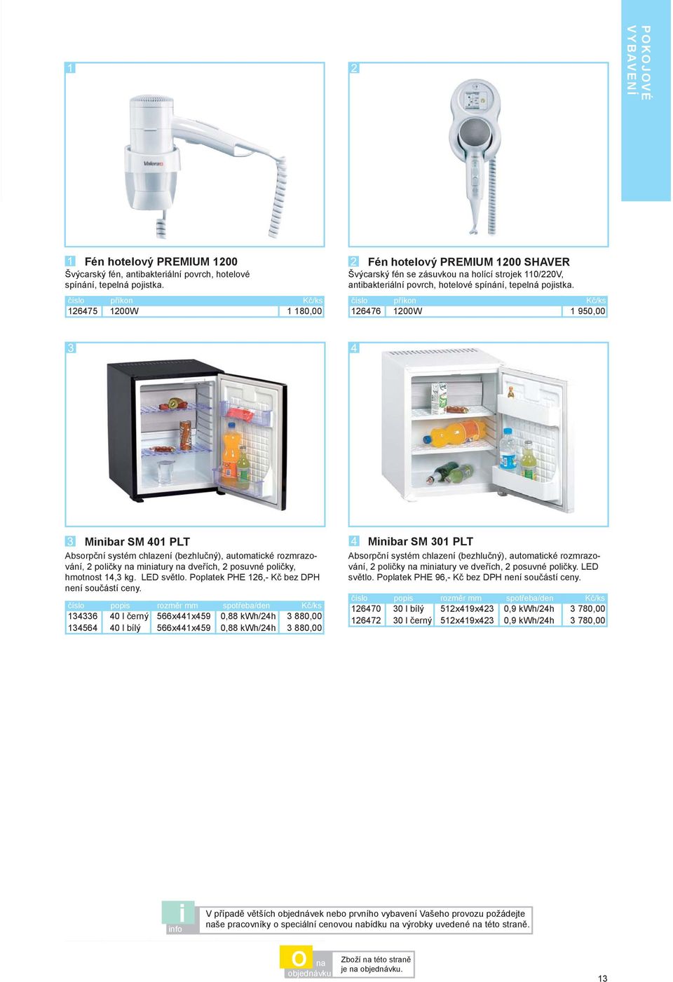 číslo příkon Kč/ks 676 1W 1 950,00 Minibar SM 01 PLT Absorpční systém chlazení (bezhlučný), automatické rozmrazování, 2 poličky miniatury dveřích, 2 posuvné poličky, hmotnost 1,3 kg. LED světlo.